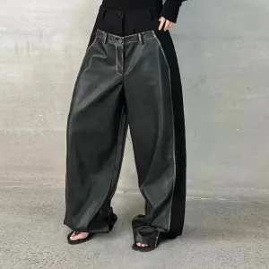 Colorblock Casual Loose Patchwork Leather Pants For Women High Waist Spliced Button Vintage Wide Leg Pant Female