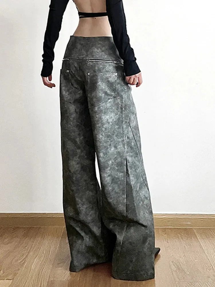 Colorblock Casual Loose Patchwork Leather Pants For Women High Waist Spliced Zipper Wide Leg Pant Female Fashion