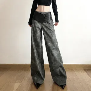 Colorblock Casual Loose Patchwork Leather Pants For Women High Waist Spliced Zipper Wide Leg Pant Female Fashion