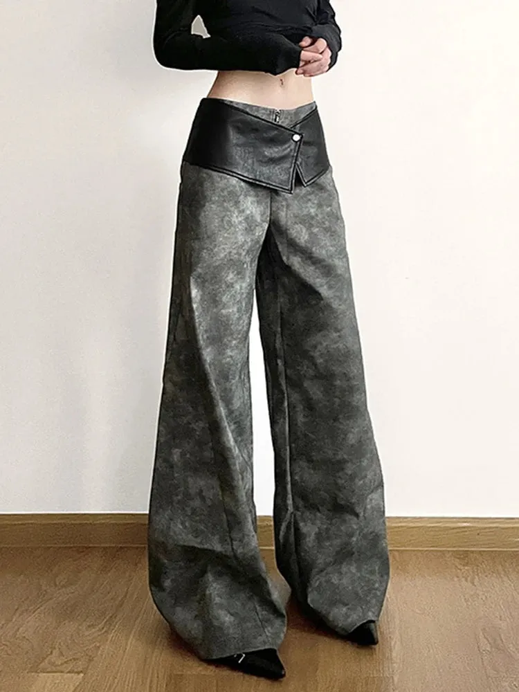 Colorblock Casual Loose Patchwork Leather Pants For Women High Waist Spliced Zipper Wide Leg Pant Female Fashion