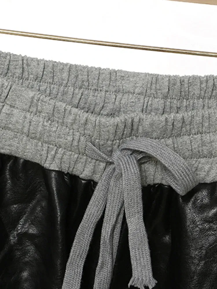 Colorblock Patchwork Drawstring Casual Loose Pants For Women High Waist Spliced Leather Wide Leg Pant Female