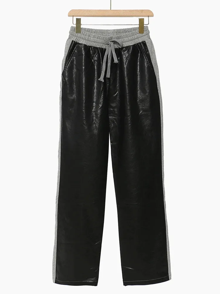 Colorblock Patchwork Drawstring Casual Loose Pants For Women High Waist Spliced Leather Wide Leg Pant Female