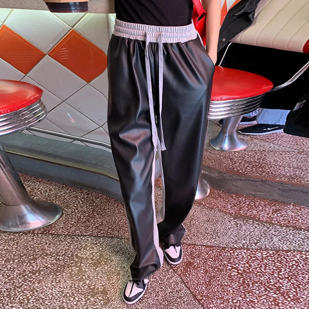 Colorblock Patchwork Drawstring Casual Loose Pants For Women High Waist Spliced Leather Wide Leg Pant Female