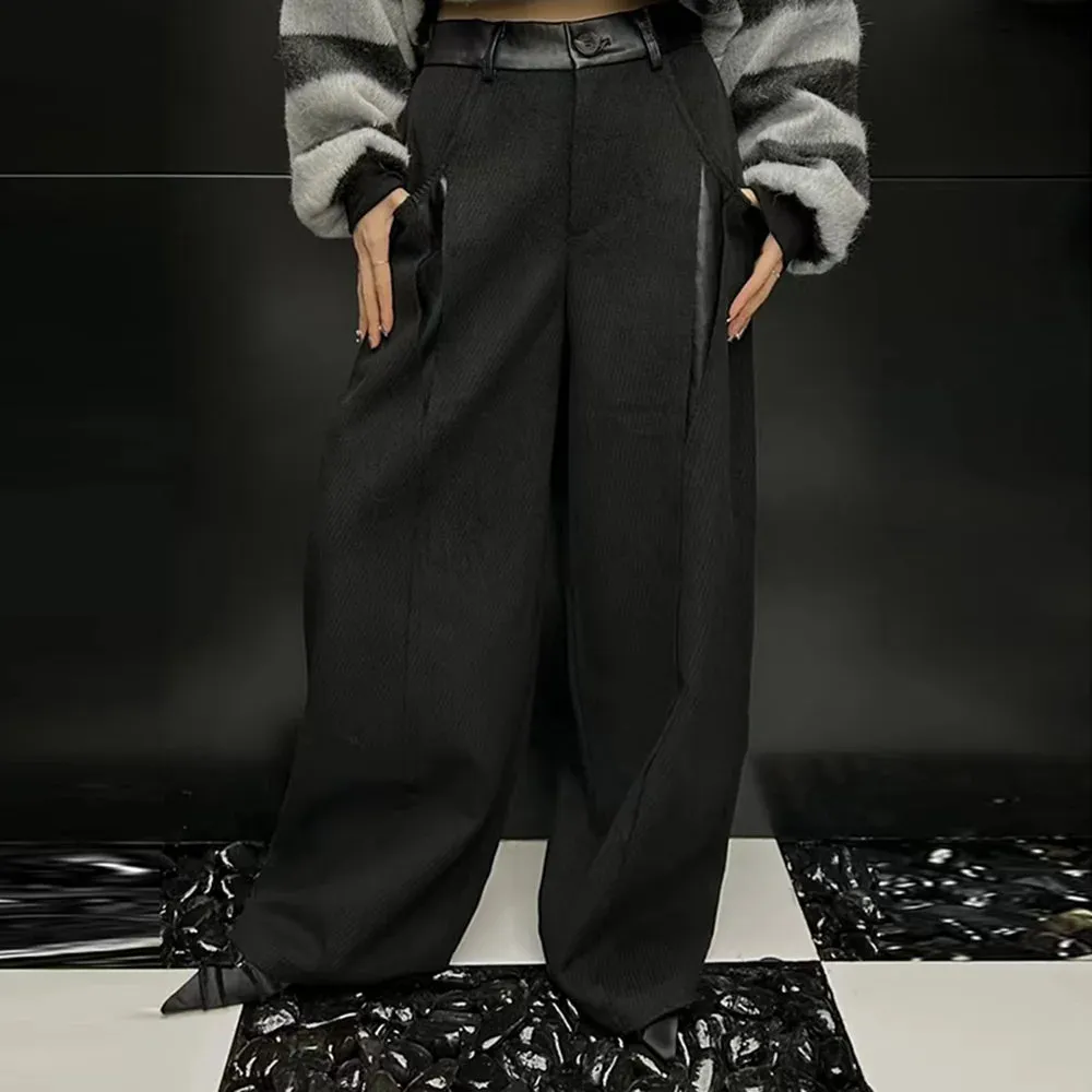 Colorblock Patchwork Leather Casual Loose Pants For Women High Waist Spliced Button Temperament Pant Female