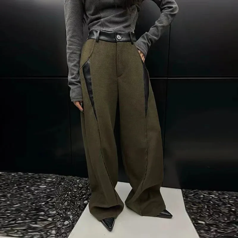 Colorblock Patchwork Leather Casual Loose Pants For Women High Waist Spliced Button Temperament Pant Female