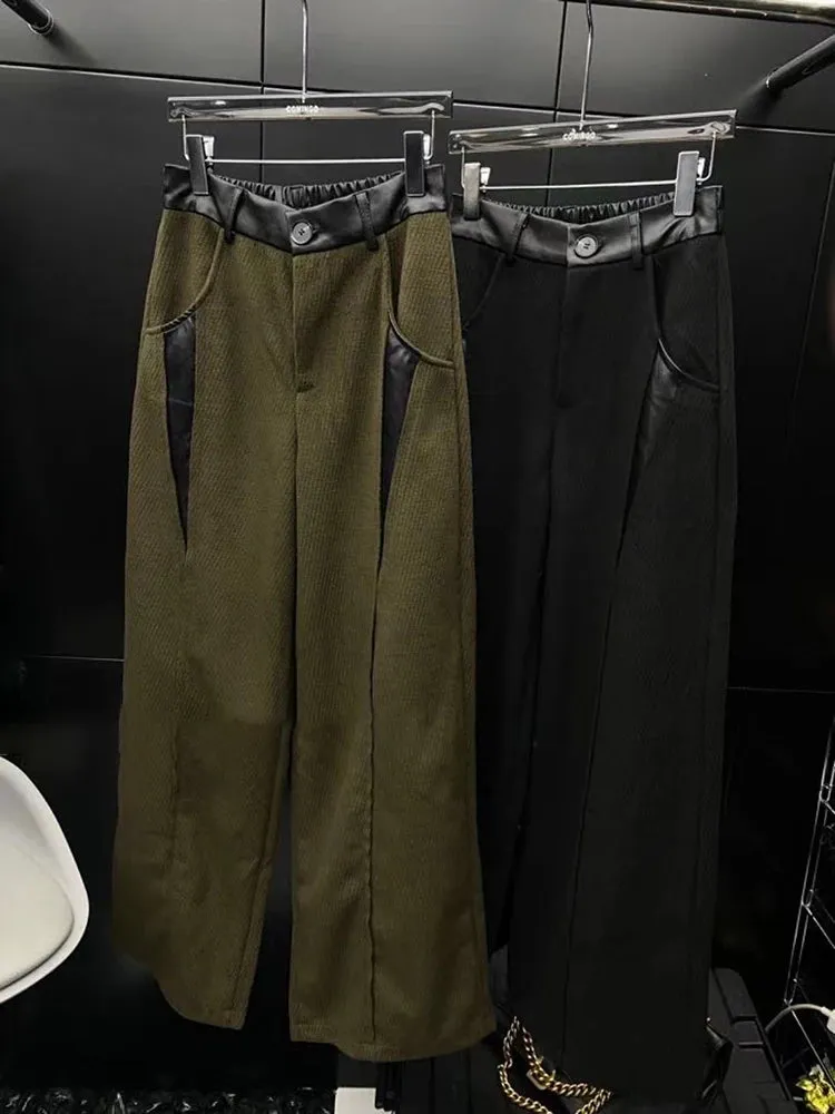 Colorblock Patchwork Leather Casual Loose Pants For Women High Waist Spliced Button Temperament Pant Female