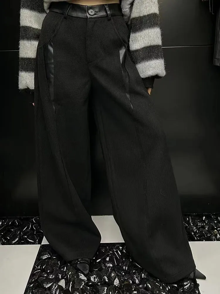 Colorblock Patchwork Leather Casual Loose Pants For Women High Waist Spliced Button Temperament Pant Female