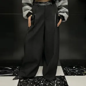 Colorblock Patchwork Leather Casual Loose Pants For Women High Waist Spliced Button Temperament Pant Female