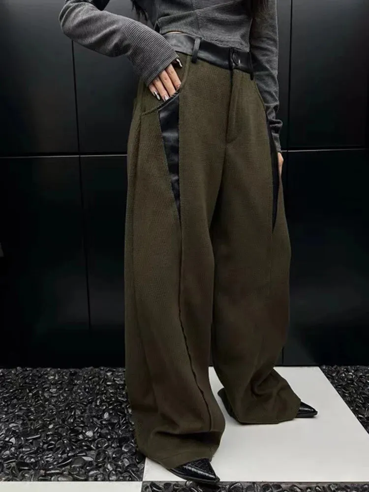 Colorblock Patchwork Leather Casual Loose Pants For Women High Waist Spliced Button Temperament Pant Female