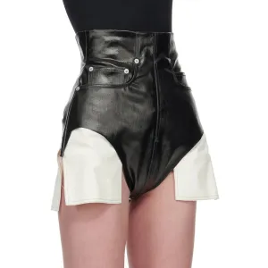 Colorblock Patchwork Pockets Leather Shorts For Women High Waist Spliced Zipper Casual Short Female Fashion Clothes