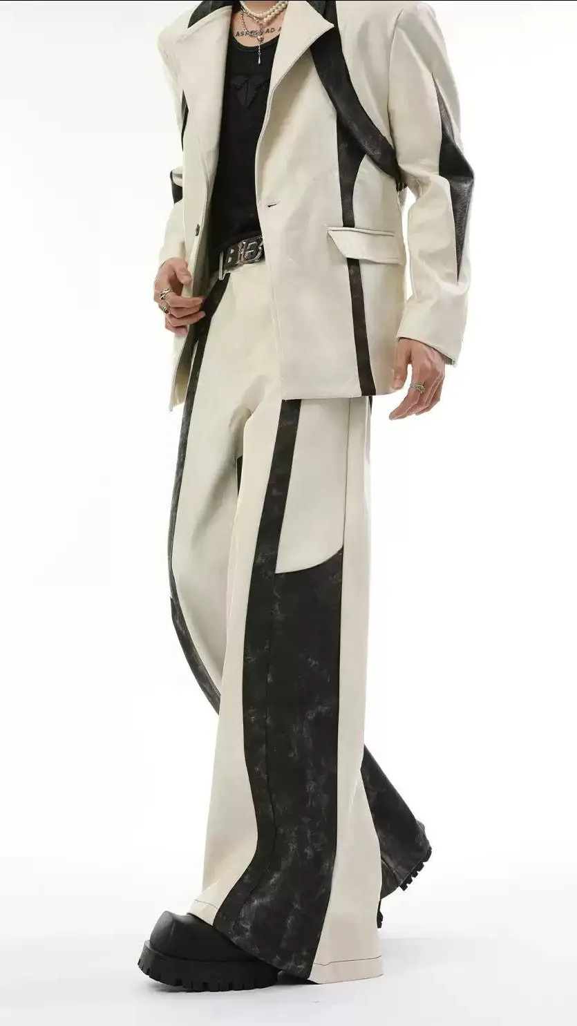 Contrast PU Leather Spliced Blazer & Pants Set