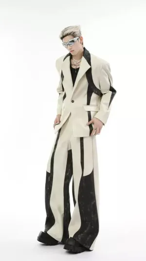 Contrast PU Leather Spliced Blazer & Pants Set
