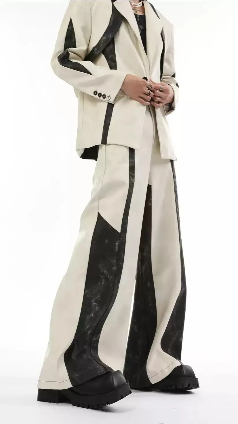 Contrast PU Leather Spliced Blazer & Pants Set