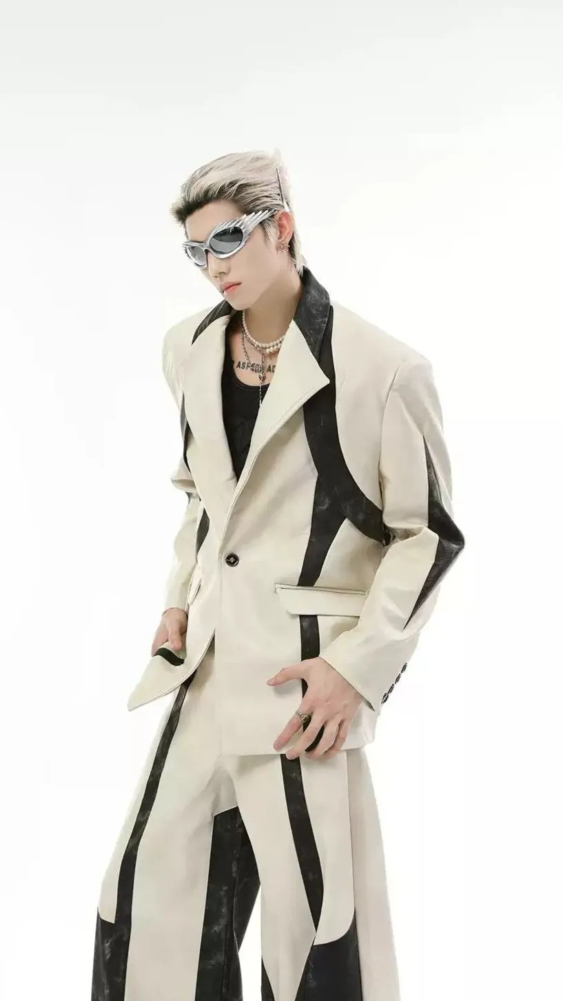 Contrast PU Leather Spliced Blazer & Pants Set
