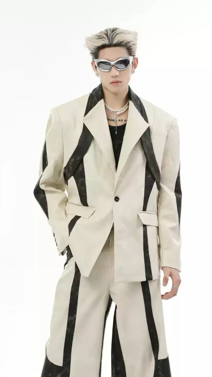 Contrast PU Leather Spliced Blazer & Pants Set