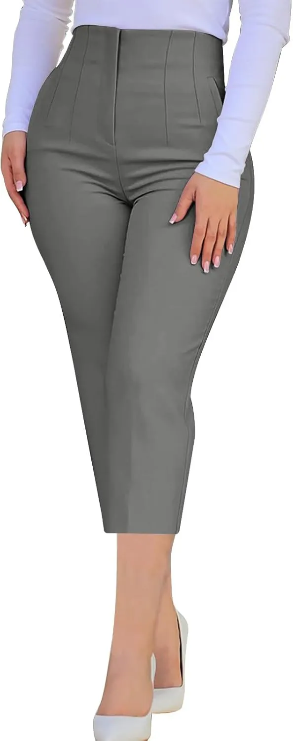 Cropped Pants for Women High Waisted Pull On Dress Capri Pants Slim Straight Leg Stretchy Waist Capris Trousers Pants