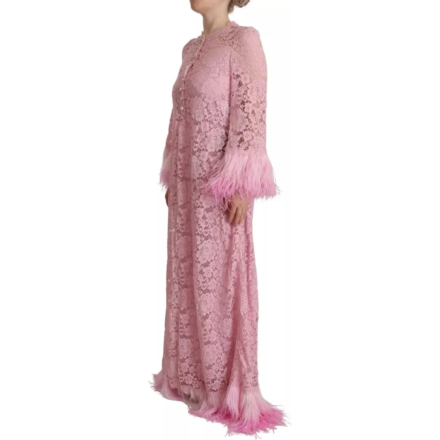 Dolce & Gabbana Shift Lilac Lace Feathers Long Sleeves Dress