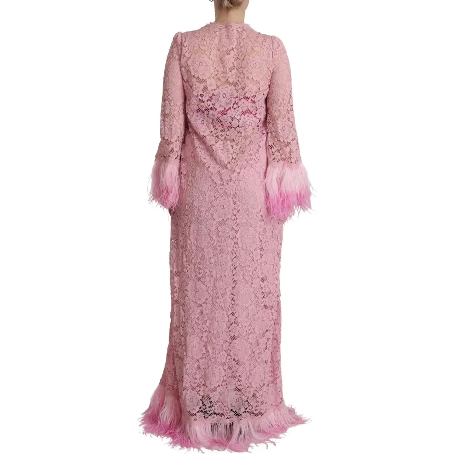 Dolce & Gabbana Shift Lilac Lace Feathers Long Sleeves Dress