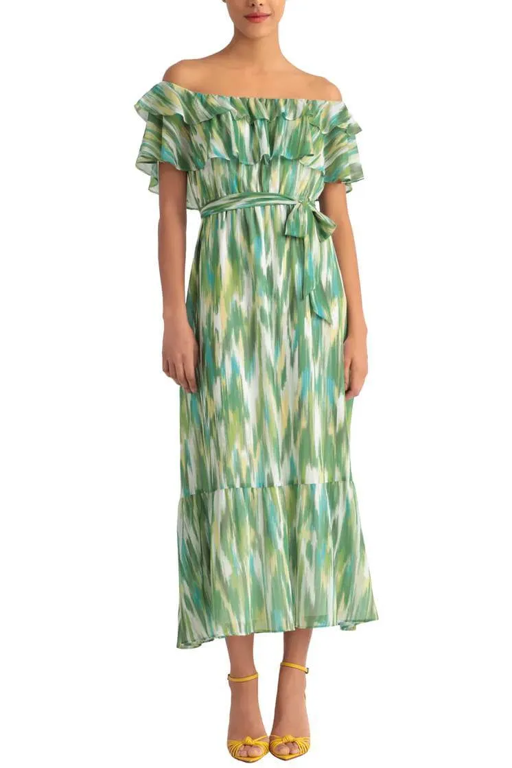 Donna Morgan Scoop Neck Short Sleeve Tiered Empire Tie Elastic Waist Multi Print Chiffon Dress