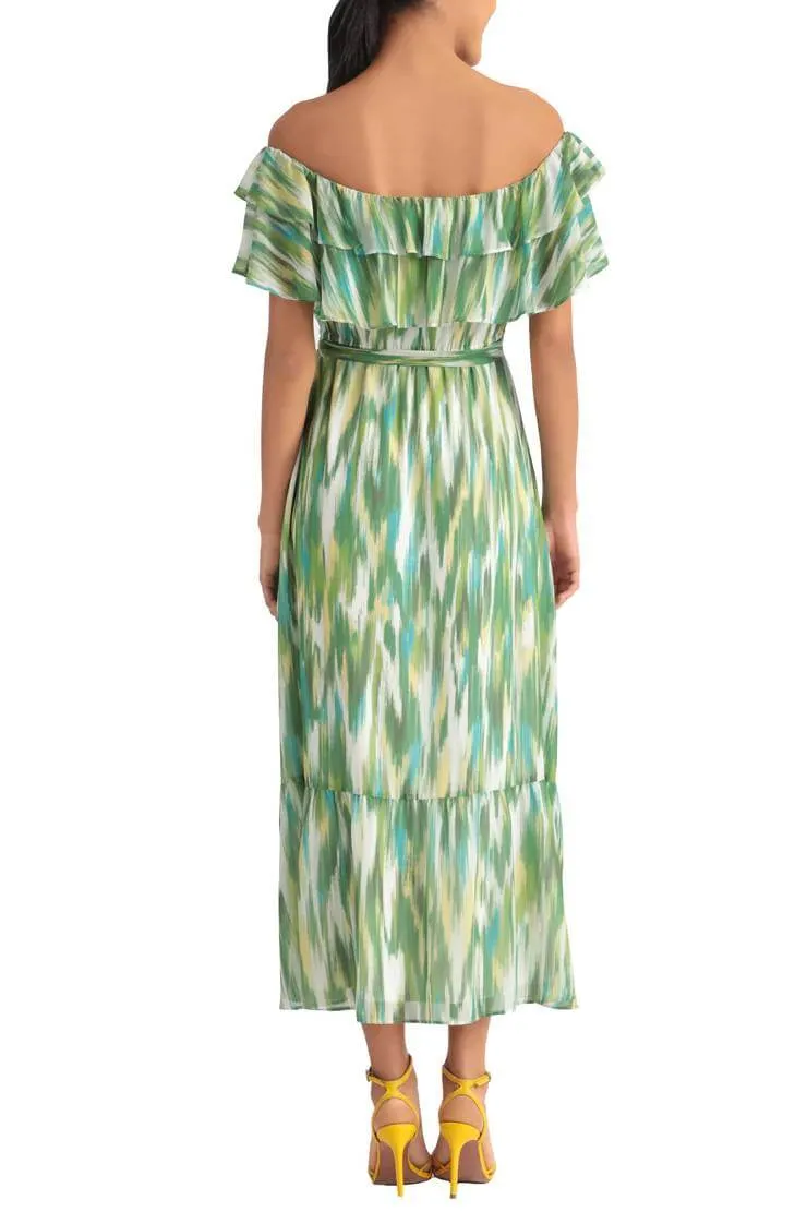 Donna Morgan Scoop Neck Short Sleeve Tiered Empire Tie Elastic Waist Multi Print Chiffon Dress