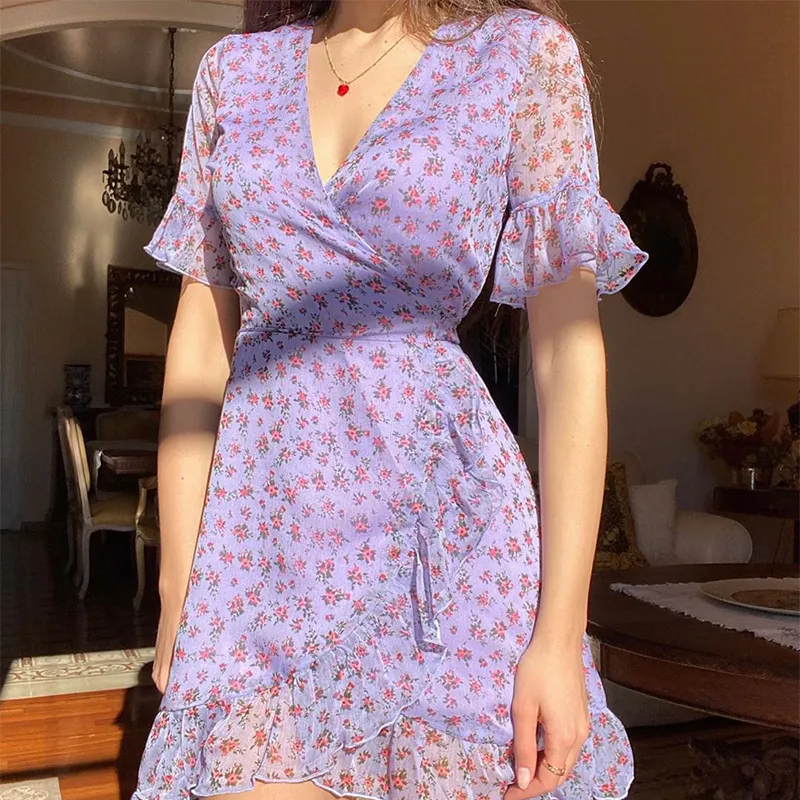 Dunnmall Lavender Ruffle Mini Dress