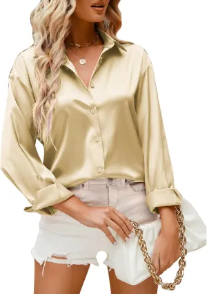 Eabel.C Women's Satin Silk V Neck Button Down Shirts Long Sleeve Casual Business Shirt Dress Blouses