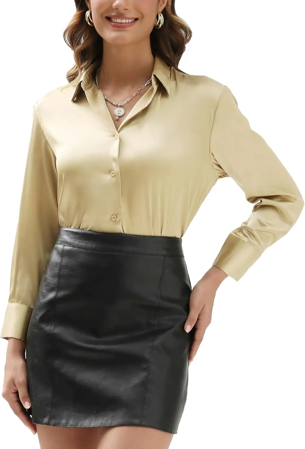 Eabel.C Women's Satin Silk V Neck Button Down Shirts Long Sleeve Casual Business Shirt Dress Blouses