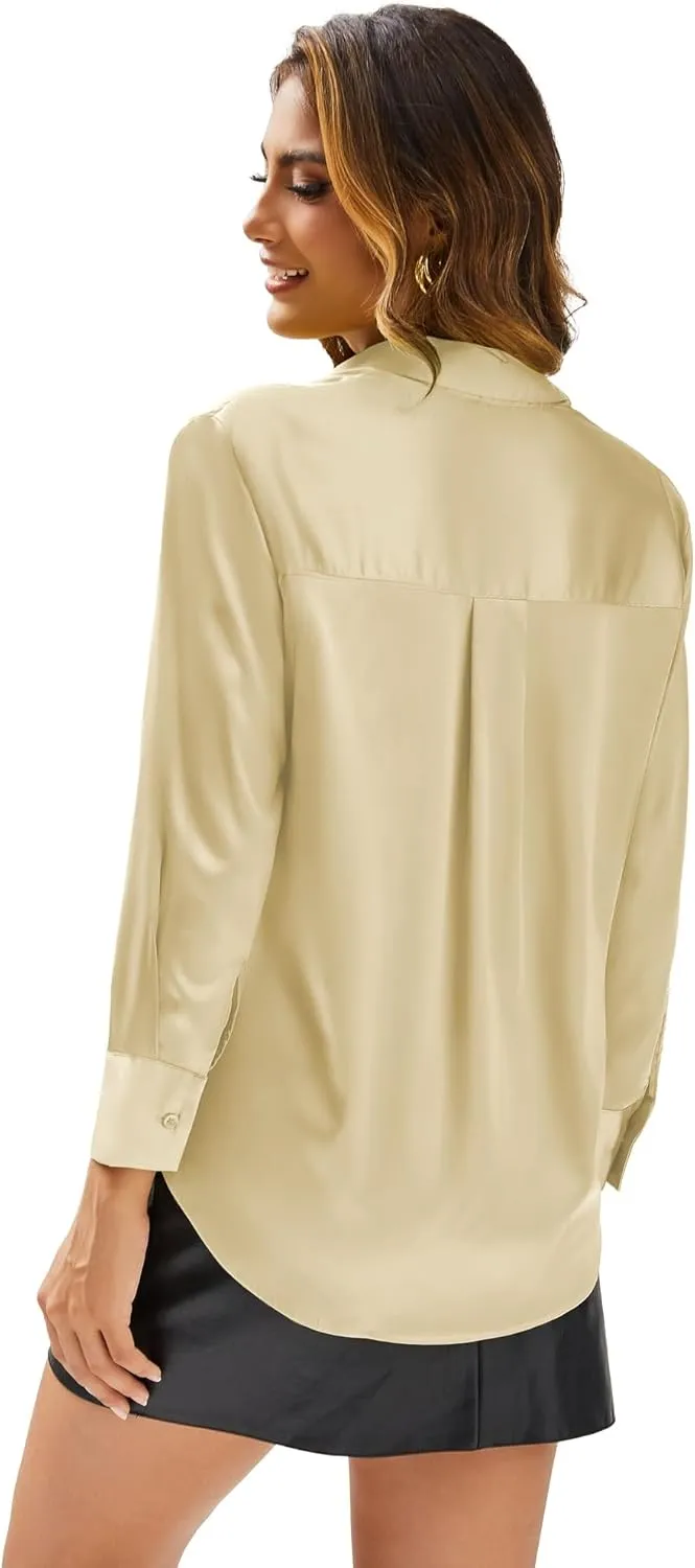 Eabel.C Women's Satin Silk V Neck Button Down Shirts Long Sleeve Casual Business Shirt Dress Blouses