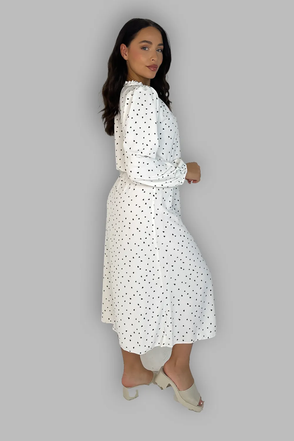 Elegant Tie Up  Mock Neck Chiffon Heart Print Long Dress