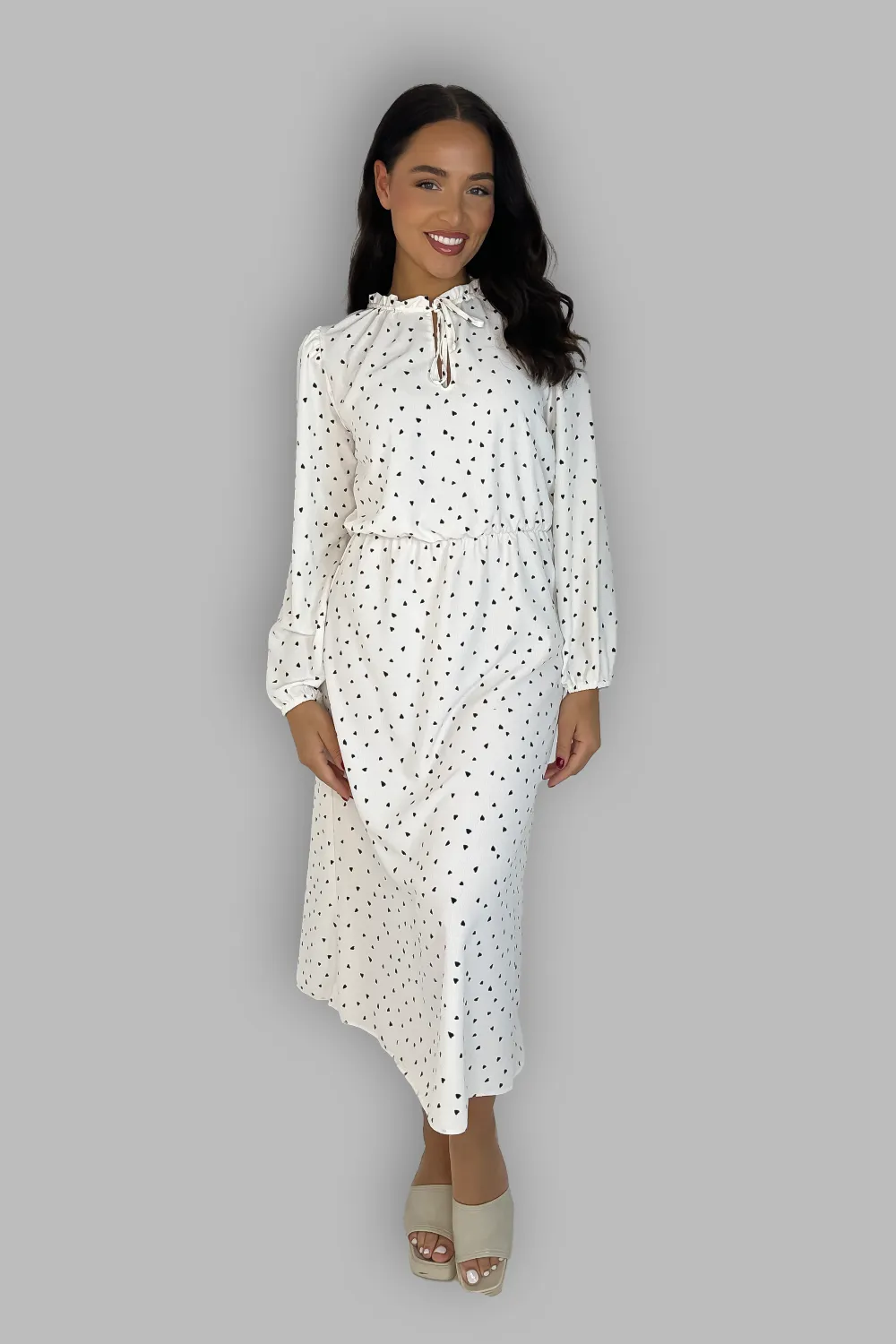 Elegant Tie Up  Mock Neck Chiffon Heart Print Long Dress
