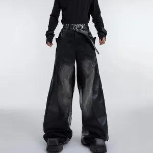 Fashion Men's Wide Leg Denim Pants Niche Design Vintage Patched Contrast Color baggy Jeans With PU Leather Spliced 9C3064