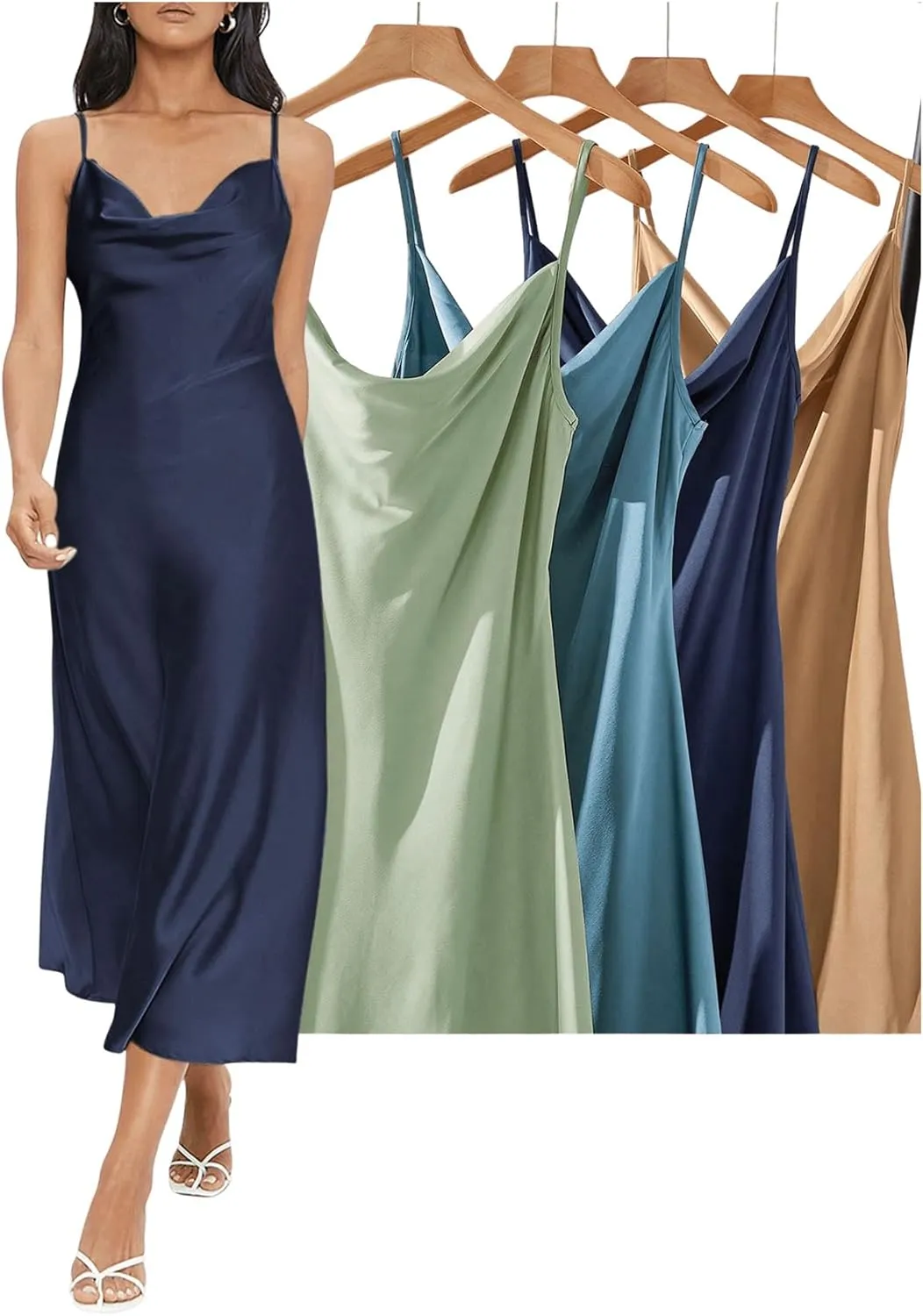 Floerns Women's Spaghetti Strap Cowl Neck Long Slip Satin Silk Midi Dress
