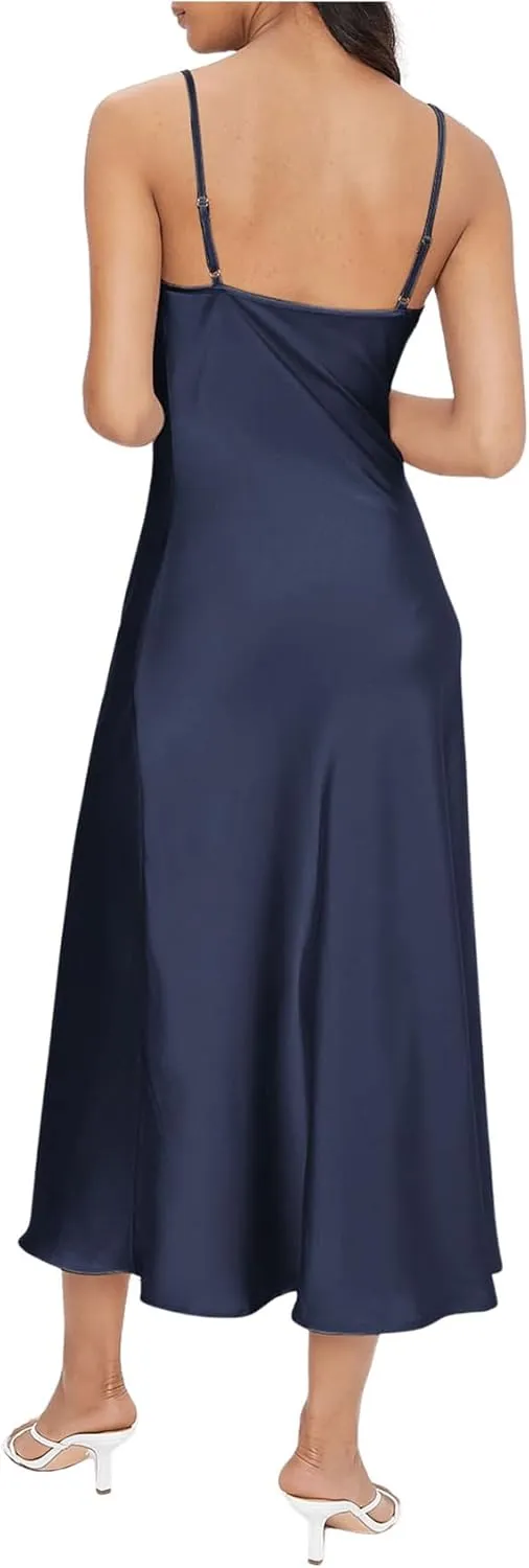 Floerns Women's Spaghetti Strap Cowl Neck Long Slip Satin Silk Midi Dress