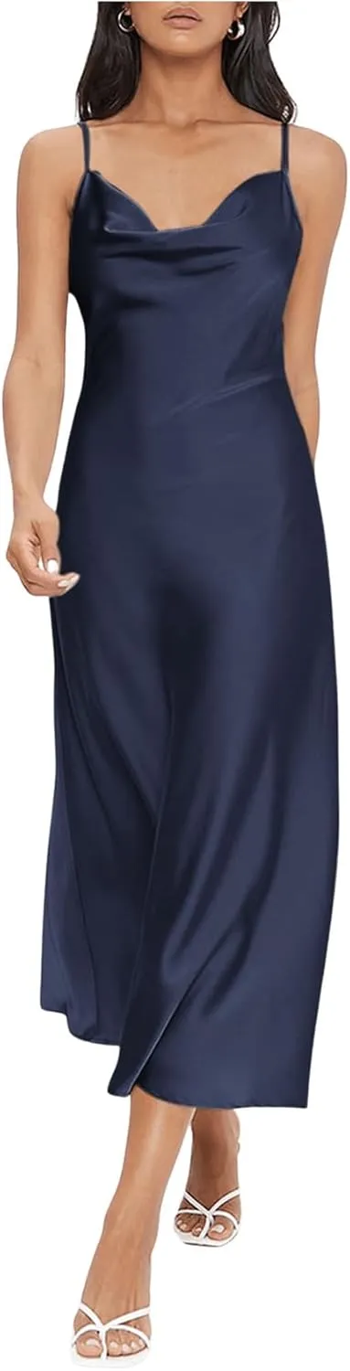 Floerns Women's Spaghetti Strap Cowl Neck Long Slip Satin Silk Midi Dress