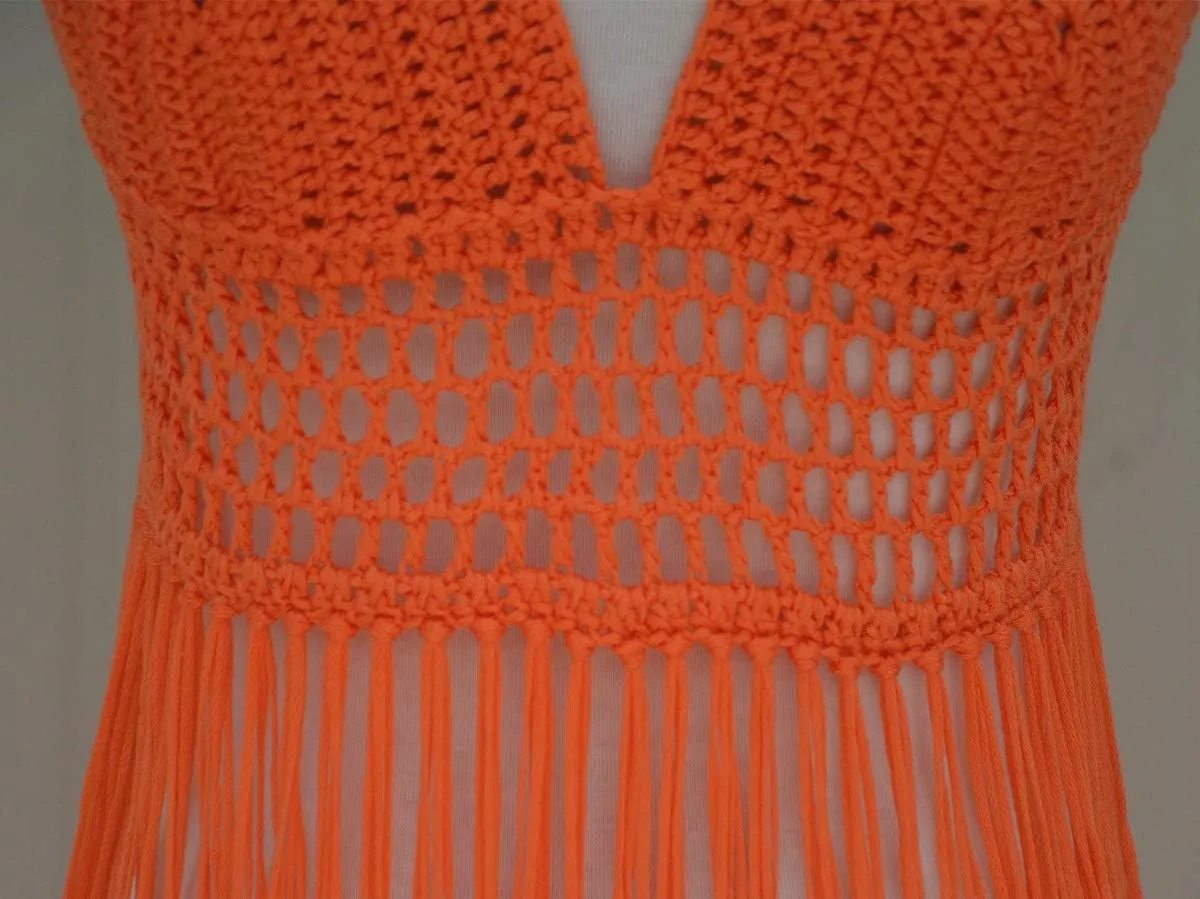 Fringe Bikini Halter Crop Top Handmade Crochet Swimsuit Summer Beachwear
