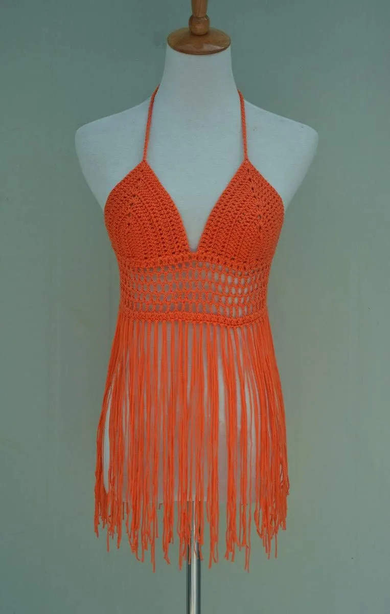Fringe Bikini Halter Crop Top Handmade Crochet Swimsuit Summer Beachwear
