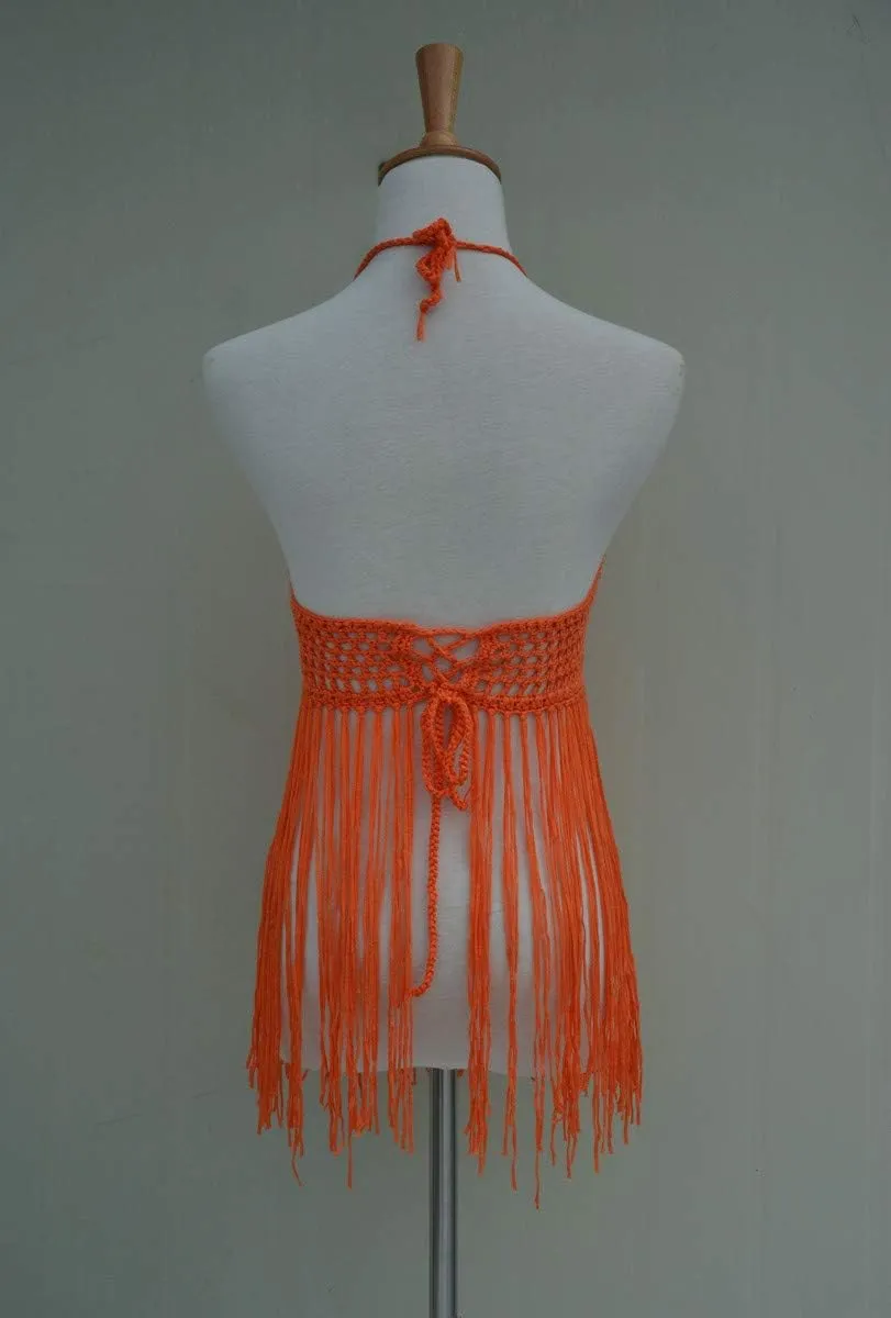 Fringe Bikini Halter Crop Top Handmade Crochet Swimsuit Summer Beachwear
