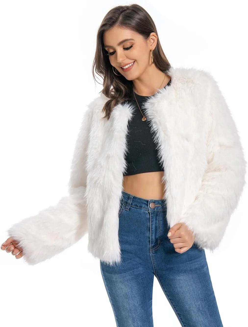 Fur Coat for Women,Faux Furry Long Sleeve Cropped Fluffy Jacket Shaggy Warm Winter Outerwear