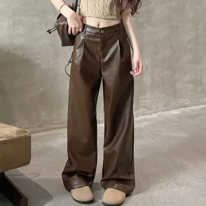 Girlary Autumn Winter Korean Vintage High Waist Straight Leather Pants Women Solid Pockets Fashion PU Oversized Casual Wide Leg Trousers
