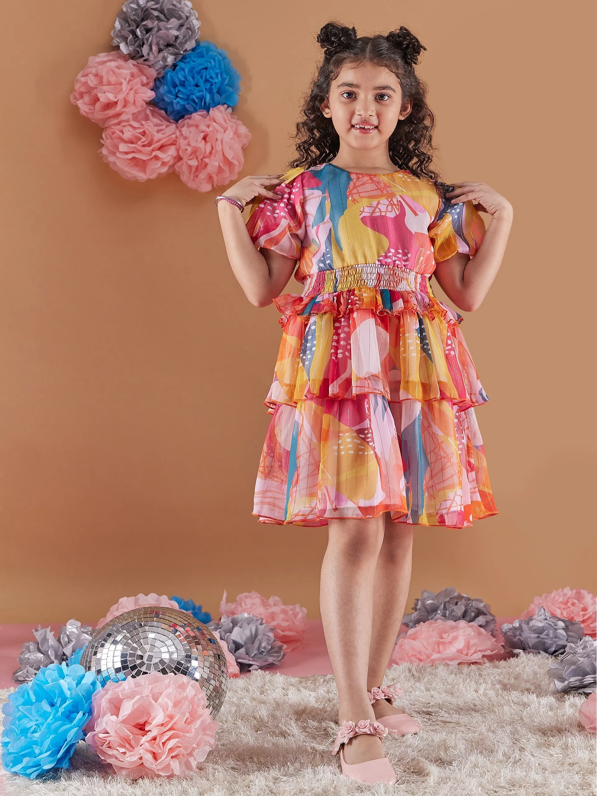 Girls Abstract Print Puff Sleeves Chiffon Fit Flare Dress