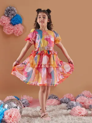 Girls Abstract Print Puff Sleeves Chiffon Fit Flare Dress