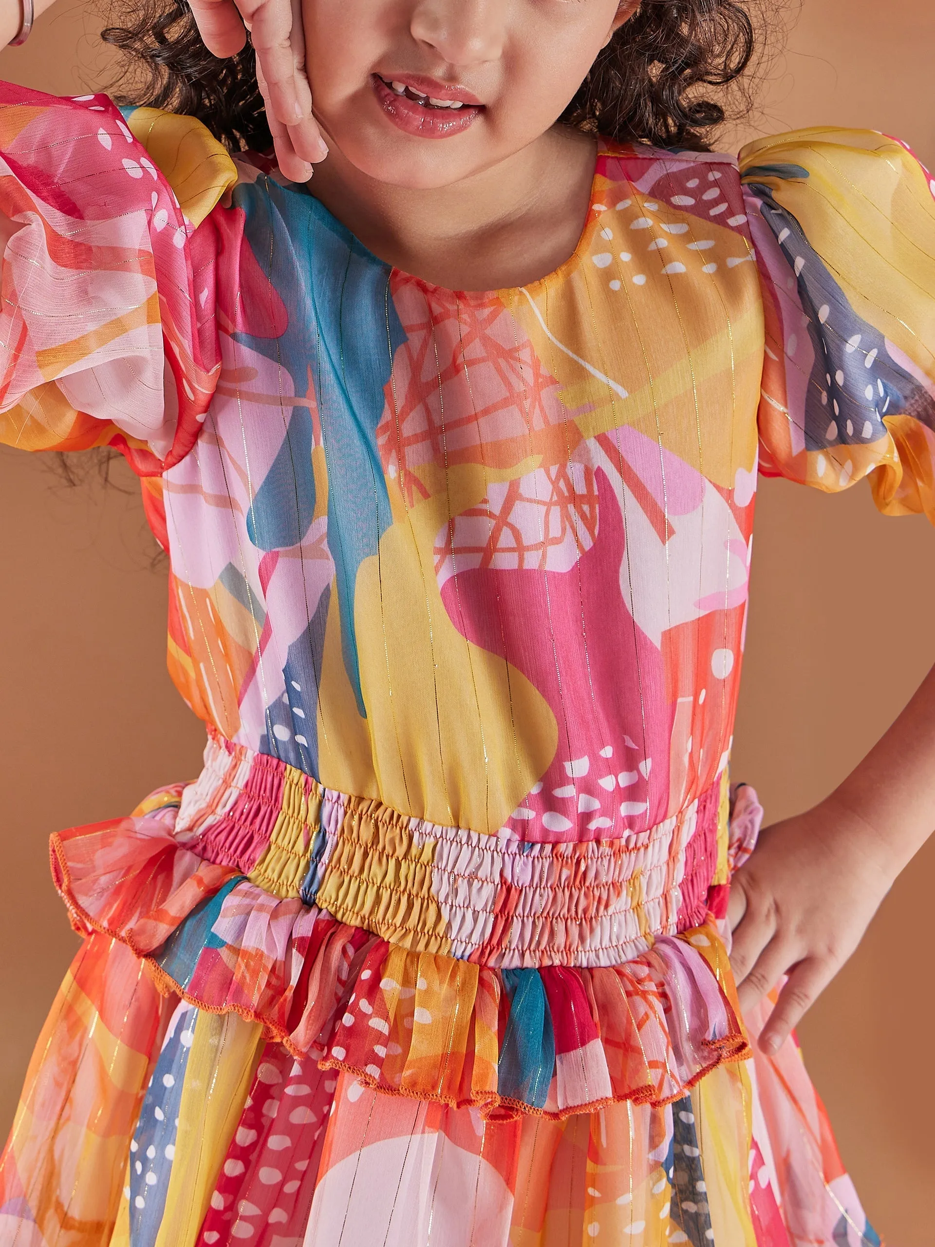 Girls Abstract Print Puff Sleeves Chiffon Fit Flare Dress