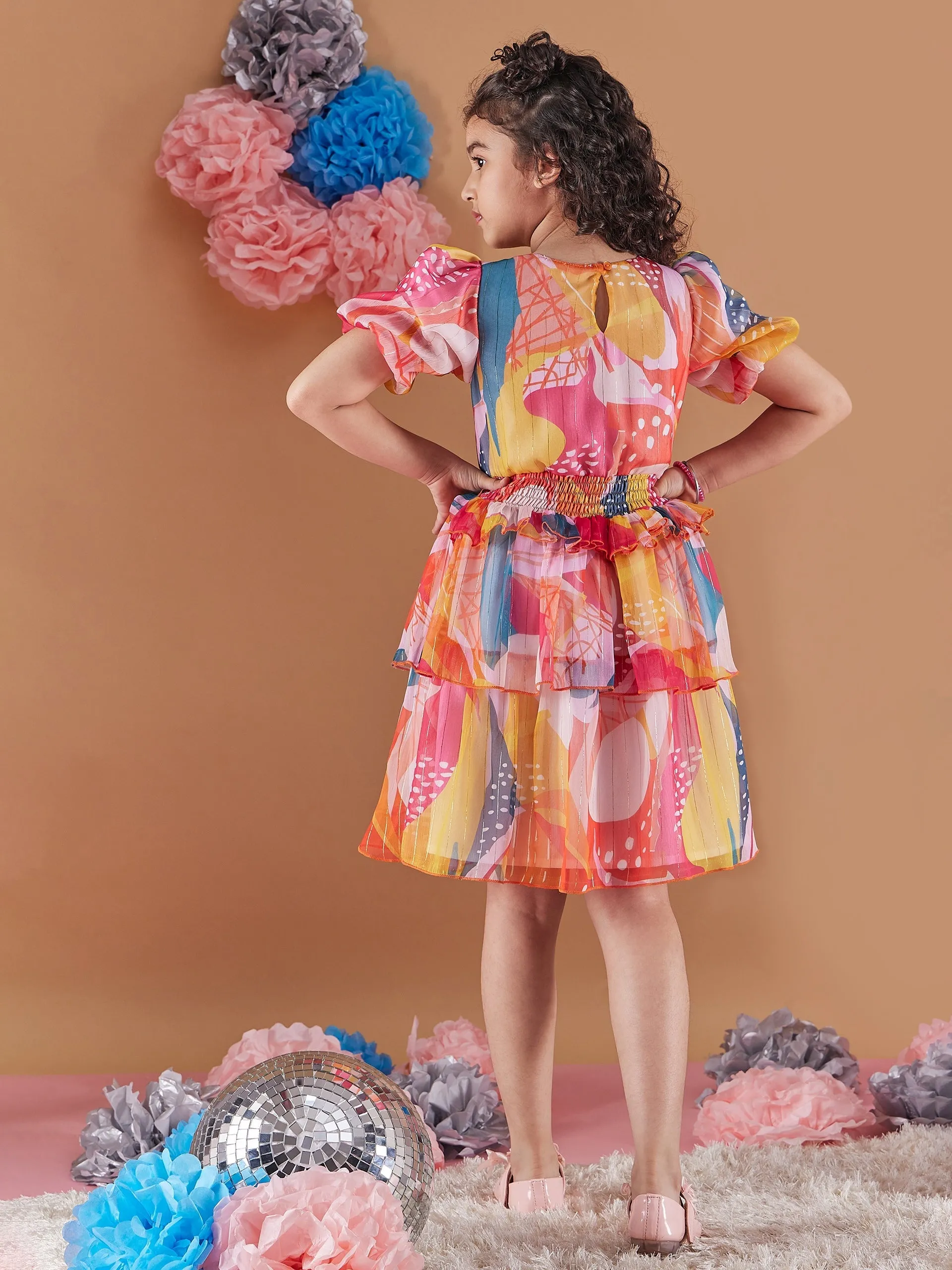 Girls Abstract Print Puff Sleeves Chiffon Fit Flare Dress