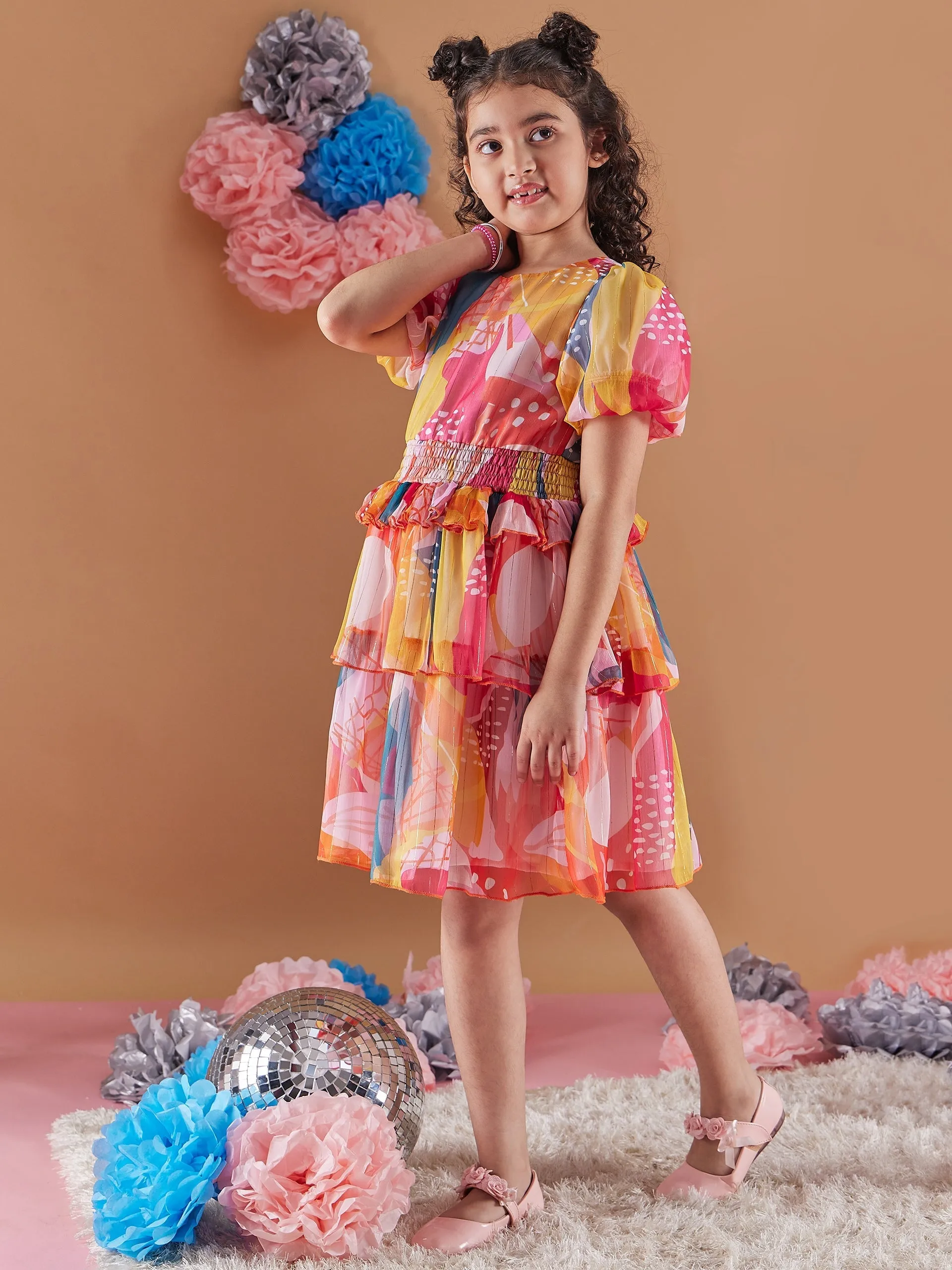 Girls Abstract Print Puff Sleeves Chiffon Fit Flare Dress