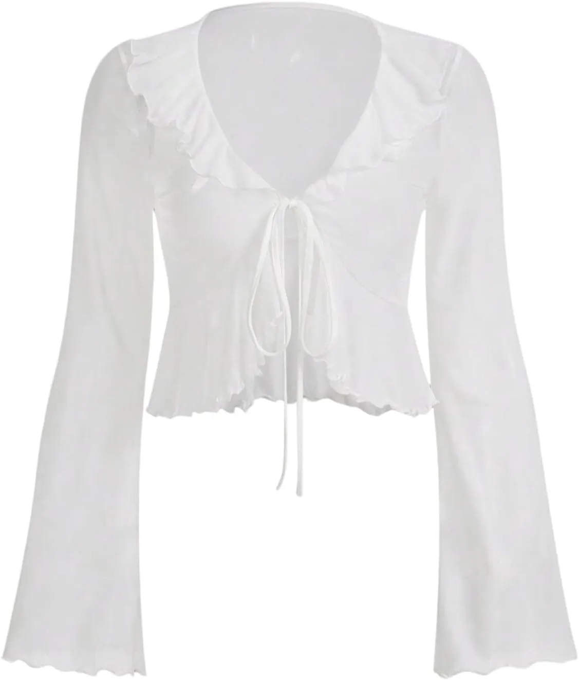 GORGLITTER Women's Tie Front Tops Sheer Mesh Bell Long Sleeve Ruffle Blouse Shirt Crop Top
