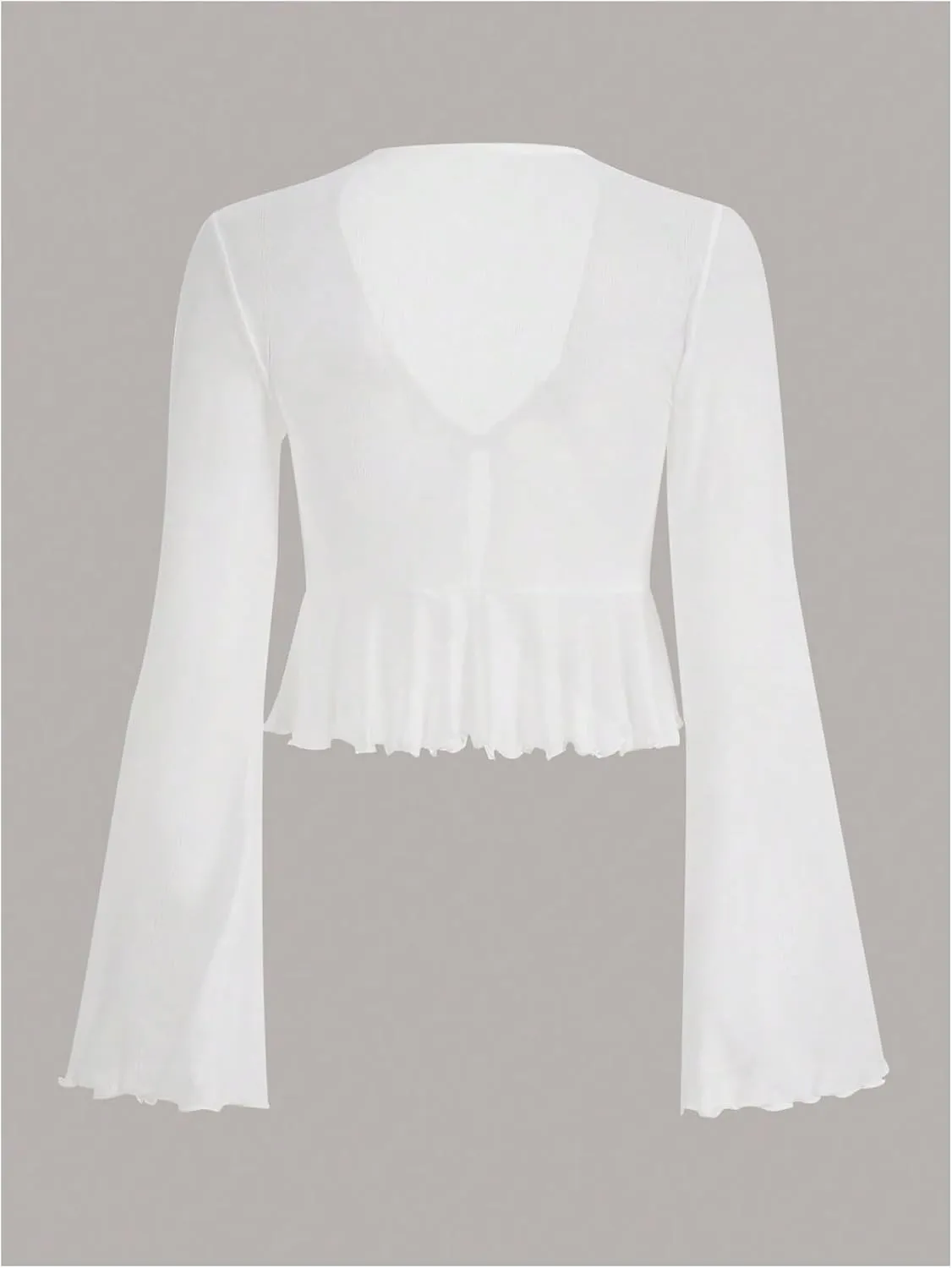 GORGLITTER Women's Tie Front Tops Sheer Mesh Bell Long Sleeve Ruffle Blouse Shirt Crop Top