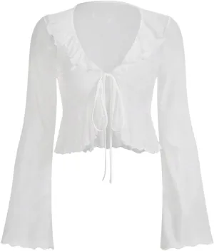 GORGLITTER Women's Tie Front Tops Sheer Mesh Bell Long Sleeve Ruffle Blouse Shirt Crop Top