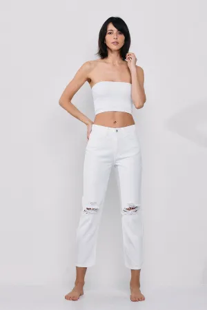 HIGH RISE CROPPED SLIM STRAIGHT LEG JEANS WITH DISTRESSED KNEES  / SP-P11804WT