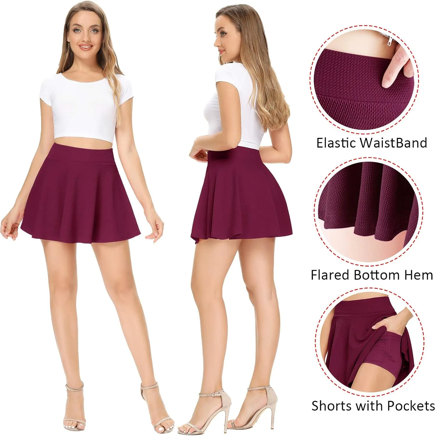 High Waisted Pleated Skirts for Women Skater Tennis Skirt with Shorts Pockets Mini A-Line Skirt