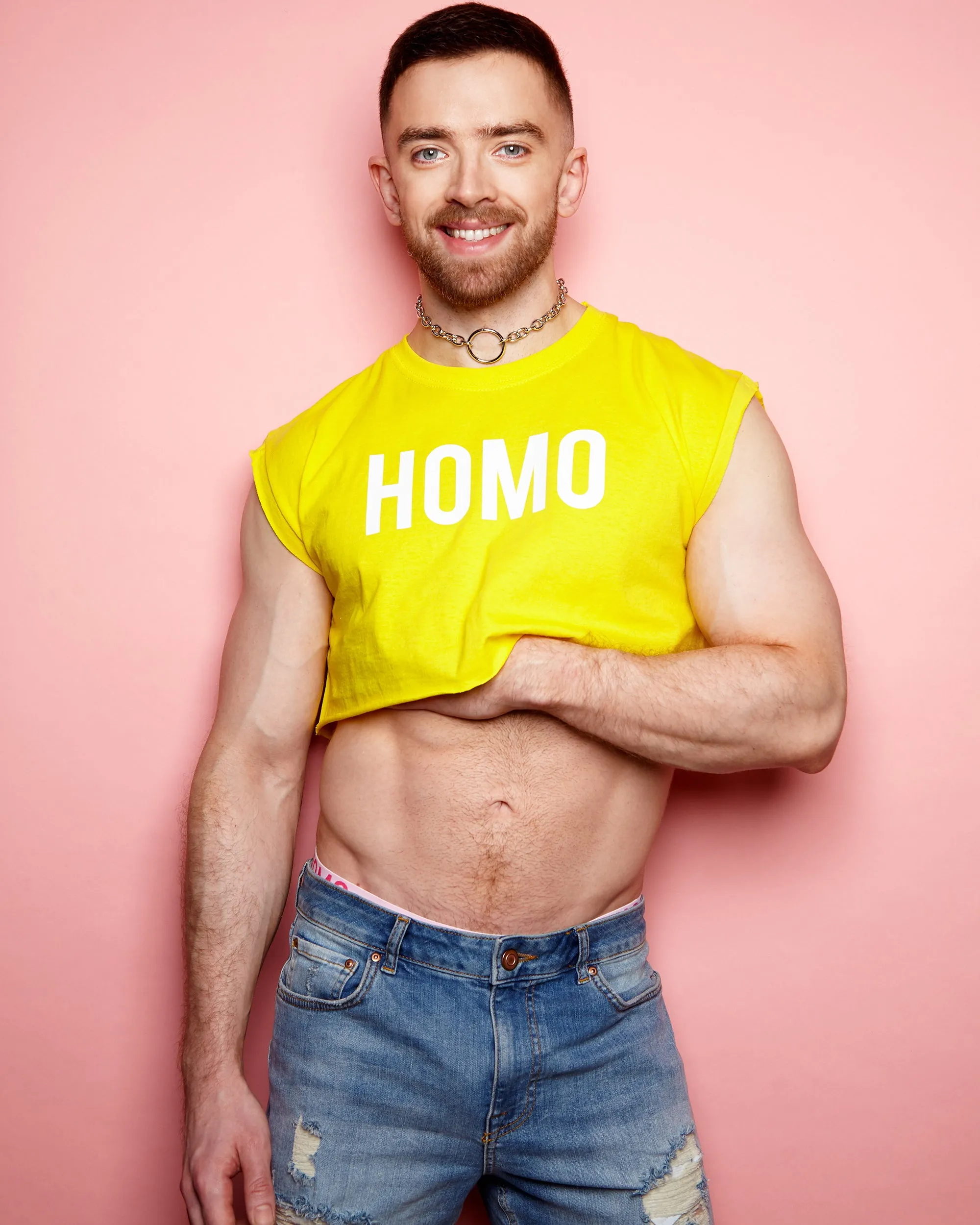 HOMO white on yellow - mens sleeveless crop top.